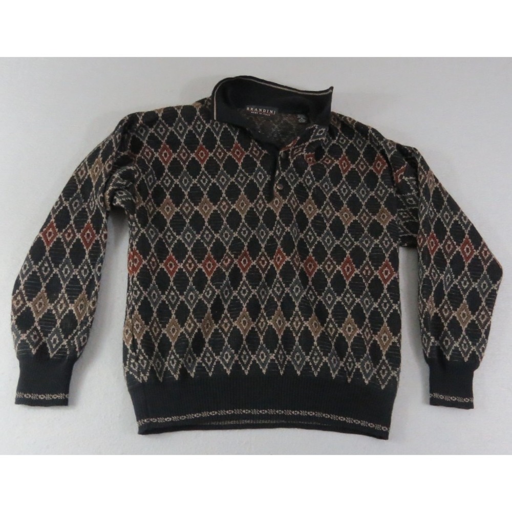 VTG 90s Brandini Coogie Italian Wool Blend Knit Soft Fuzzy Black Sweater Men's M